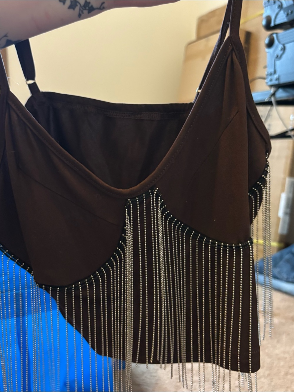 Brown Beaded Fringe Cami Top